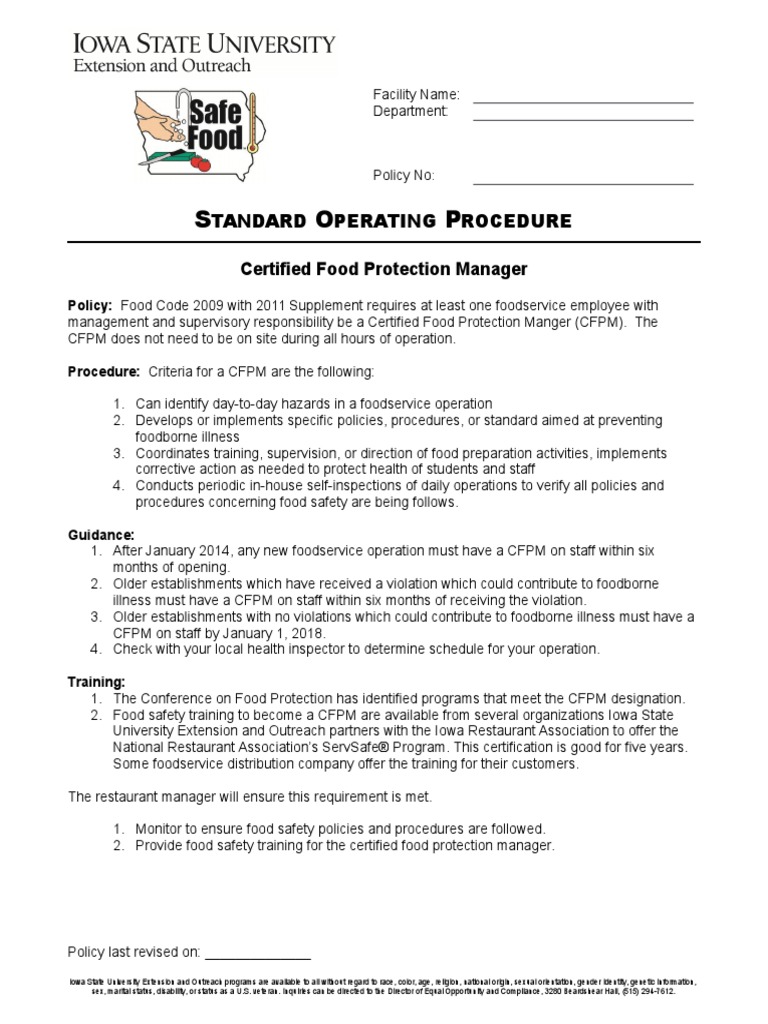 RSOP1a Certified Food Protection Manager | PDF | Business | Wellness