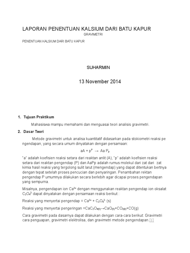 Laporan Penentuan Kadar Kalsium Dengan Gravimetri Ilmusosial Id