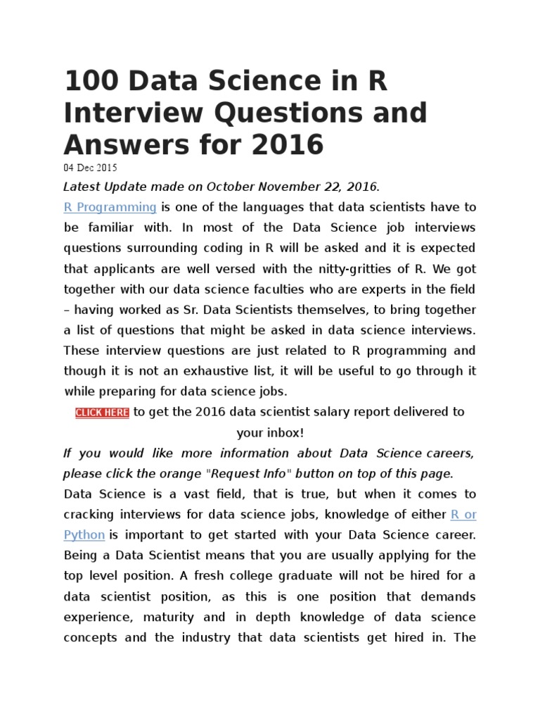 100 Data Science in R Interview Questions and Answers For 2016 | PDF ...