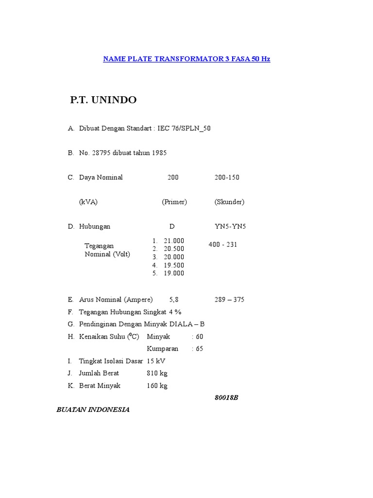 Name Plate Transformator 3 Fasa PDF