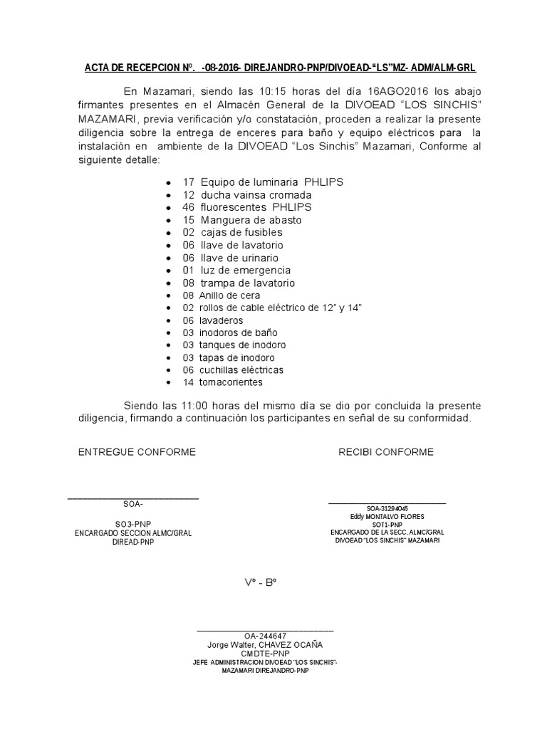 ACTA DE ENTREGA Uniformes  Herramientas  Bienes manufacturados