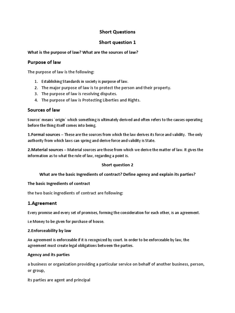 Short Questions Short Question 1 PDF Consideration Law Of Agency