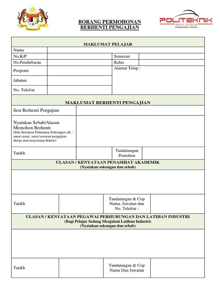 Borang Permohonan Berhenti Pengajian Pdf