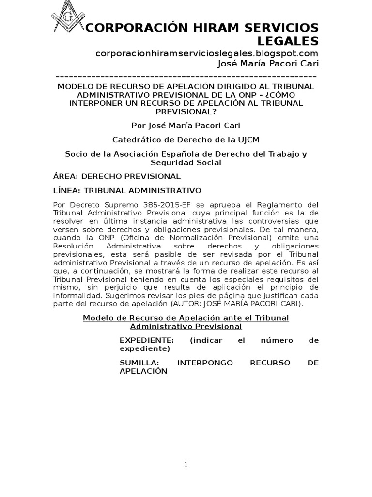 Modelo de Recurso de Apelación Dirigido Al Tribunal Administrativo Previsional de La Onp Autor