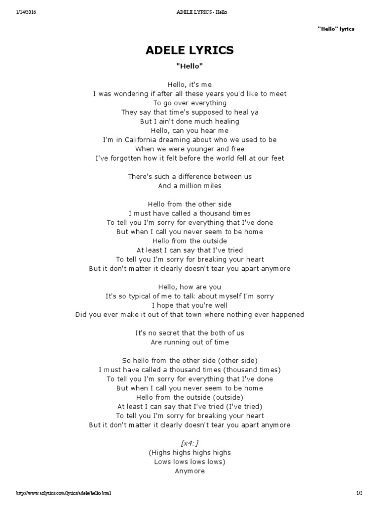 Adele Lyrics Hello Pdf Pdf