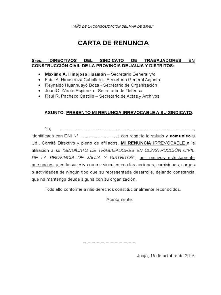 Carta Renuncia A Sindicato