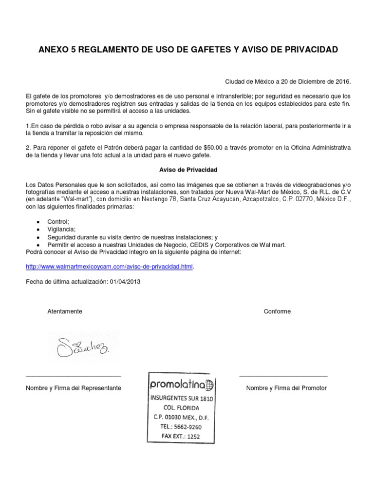 Anexo 5 Reglamento de Uso de Gafetes y Aviso de Privacidad