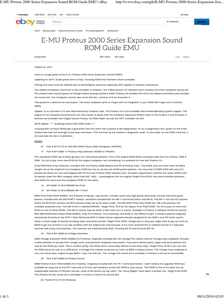 E-MU Proteus 2000 Series Expansion Sound ROM Guide EMU - EBay