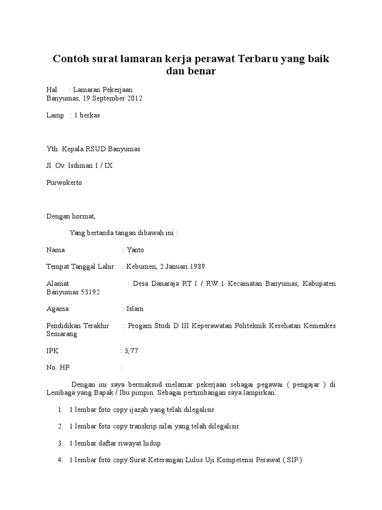 Contoh Surat Lamaran Kerja Perawat Terbaru Yang Baik Dan Benar