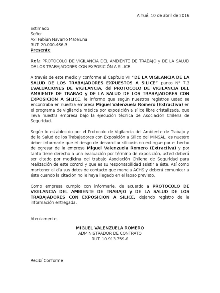 Carta de Aviso Exposicion a Silice Trabajadores