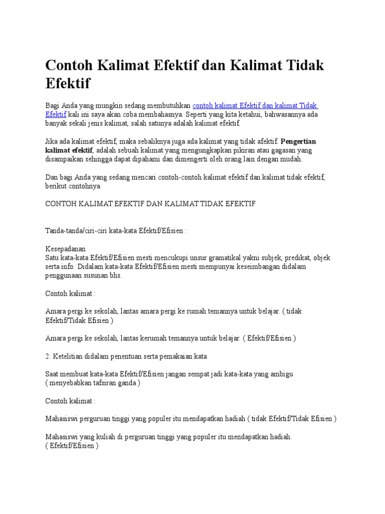 Contoh Kalimat Efektif Dan Kalimat Tidak Efektif