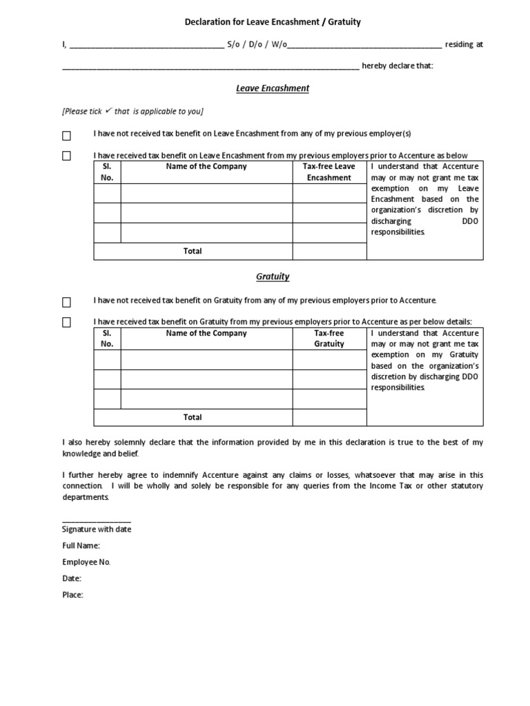 Declaration Leave Encashment Gratuity