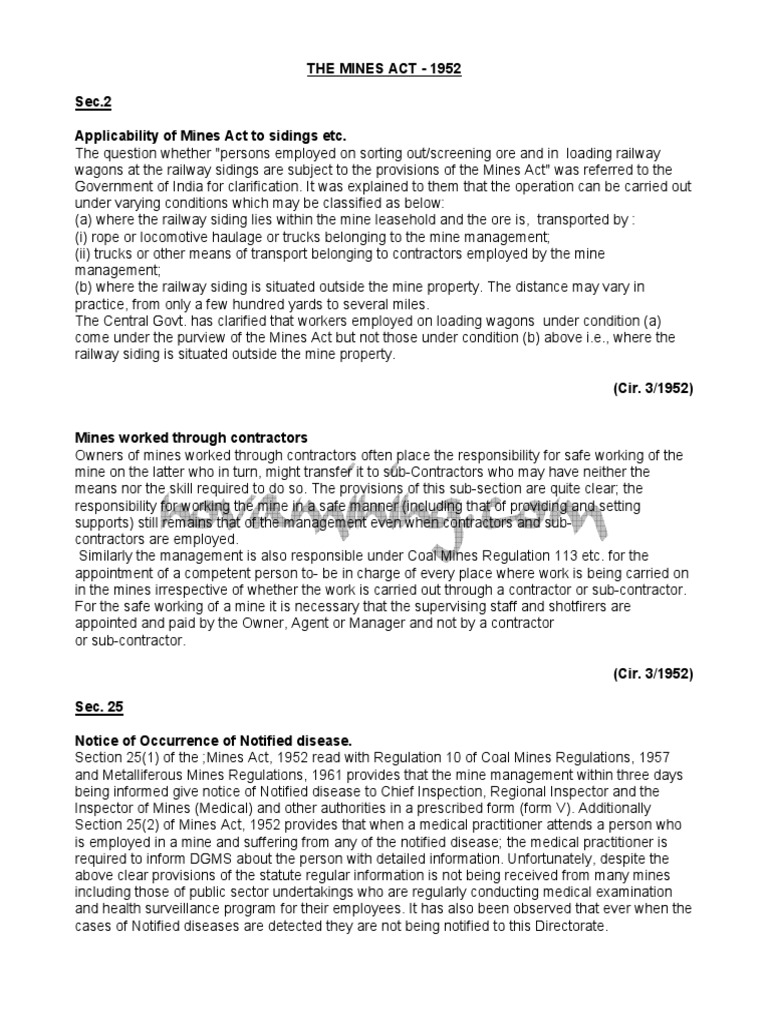 Circular Issued Under Mines Act 1952 Mining Occupational Safety And
