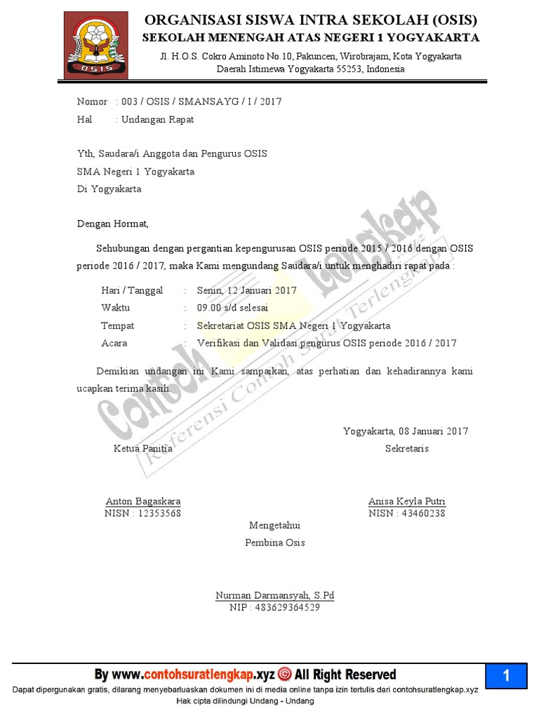 Contoh Surat Undangan Rapat Ekstrakurikuler