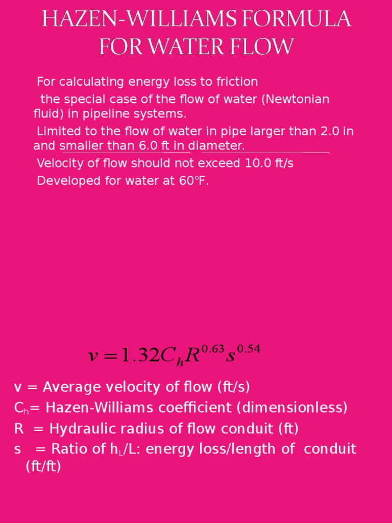 Hazenwilliams Formula for Water Flow