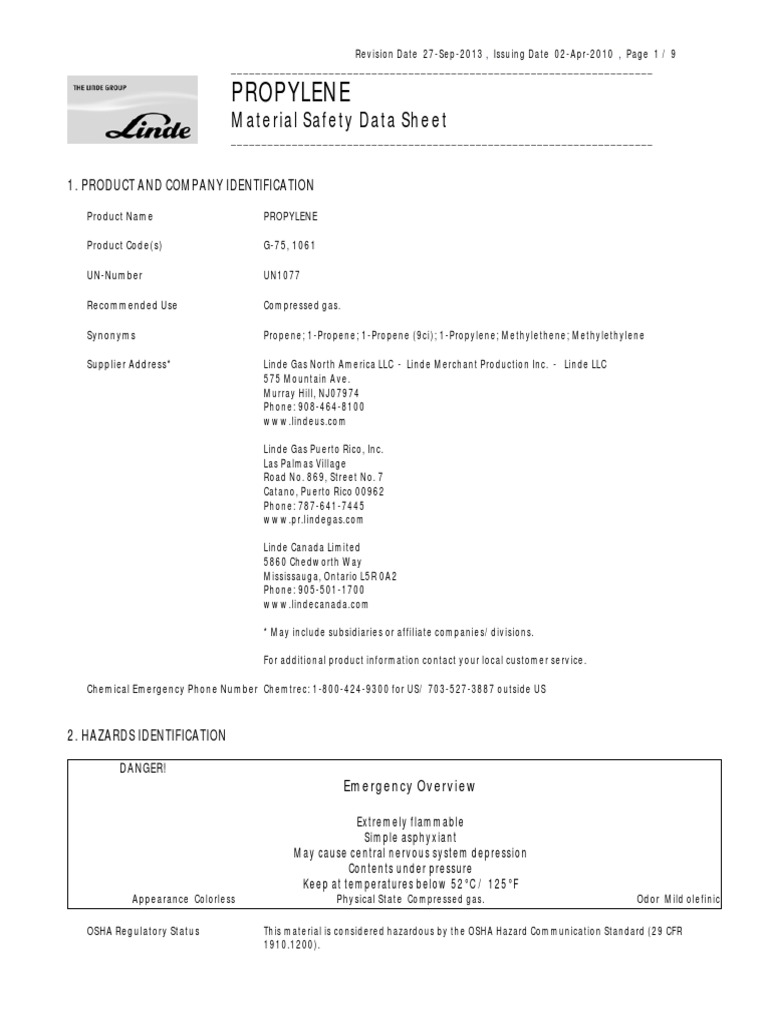 Propylene Material Safety Data Sheet PDF Carbon Dioxide