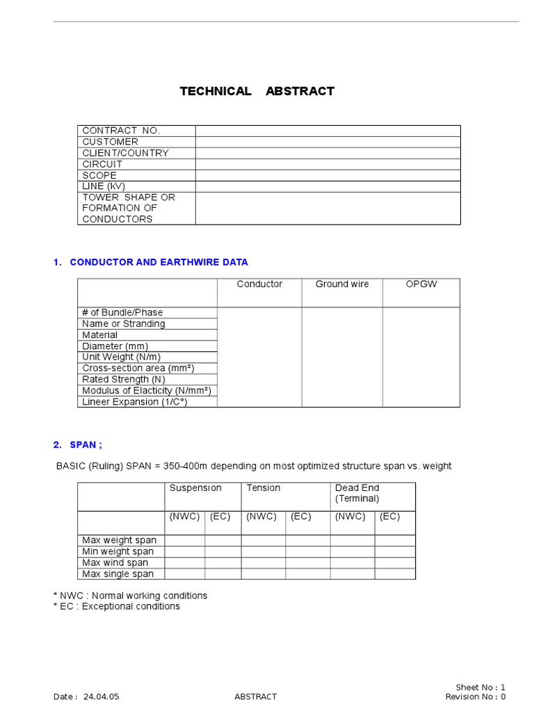 Technical Abstract: 1. Conductor and Earthwire Data | PDF | Science ...
