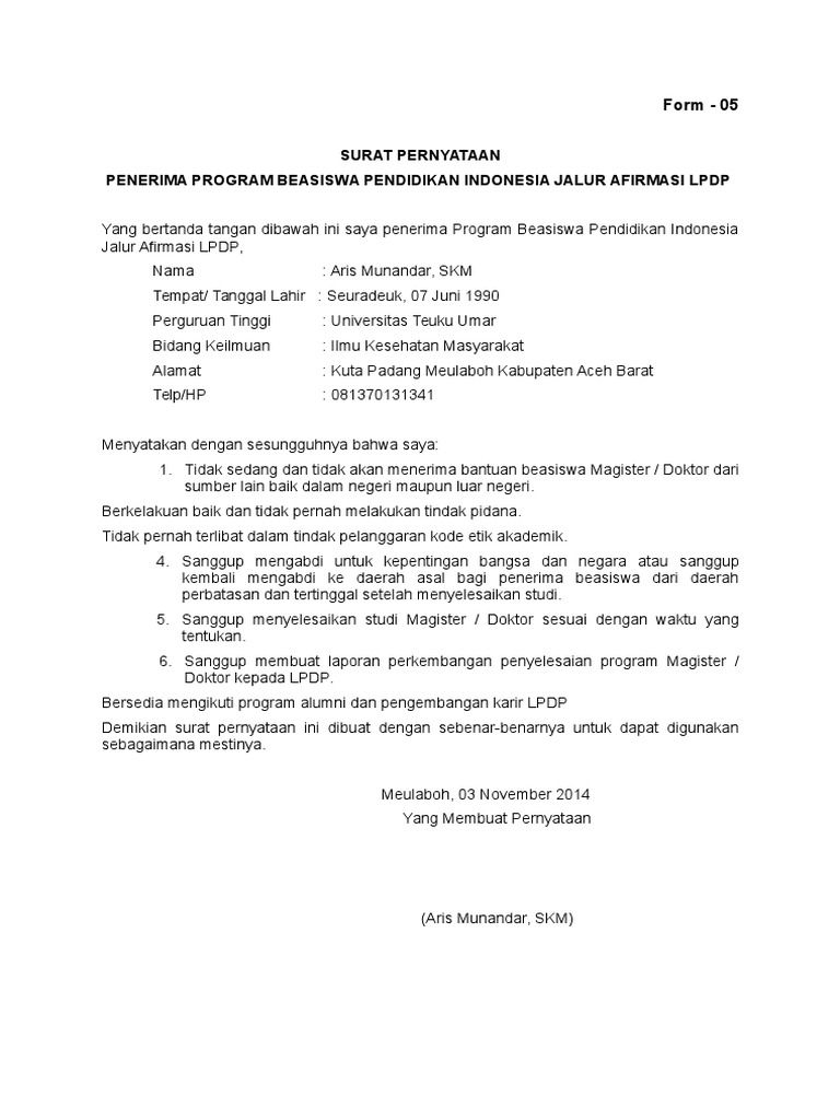 Surat Pernyataan Penerima Beasiswa Lpdp Pdf