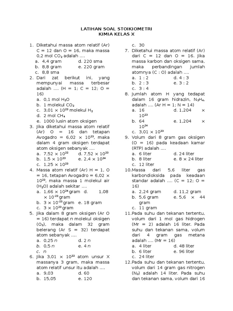 211204717 Soal Stoikiometri Kelas x Sma
