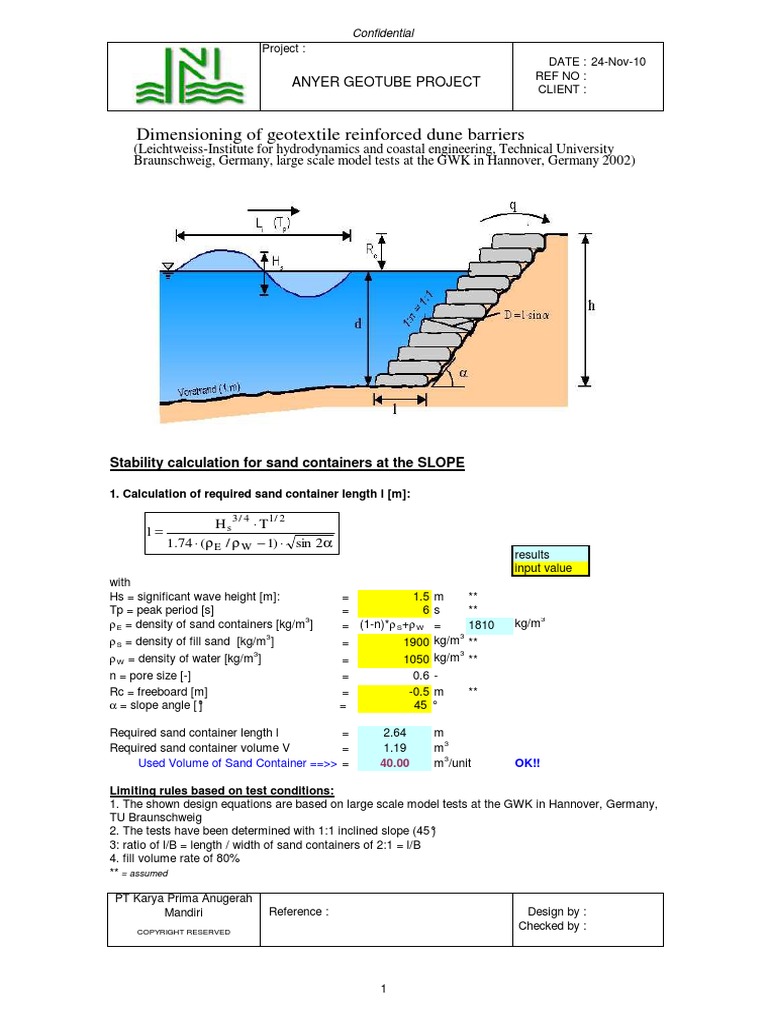Hydraulics Stability (Anyer Geotube Project) PDF Density Mass
