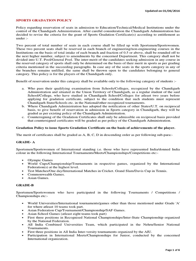 Revised Sports Gradation Policy for Admission to Educational