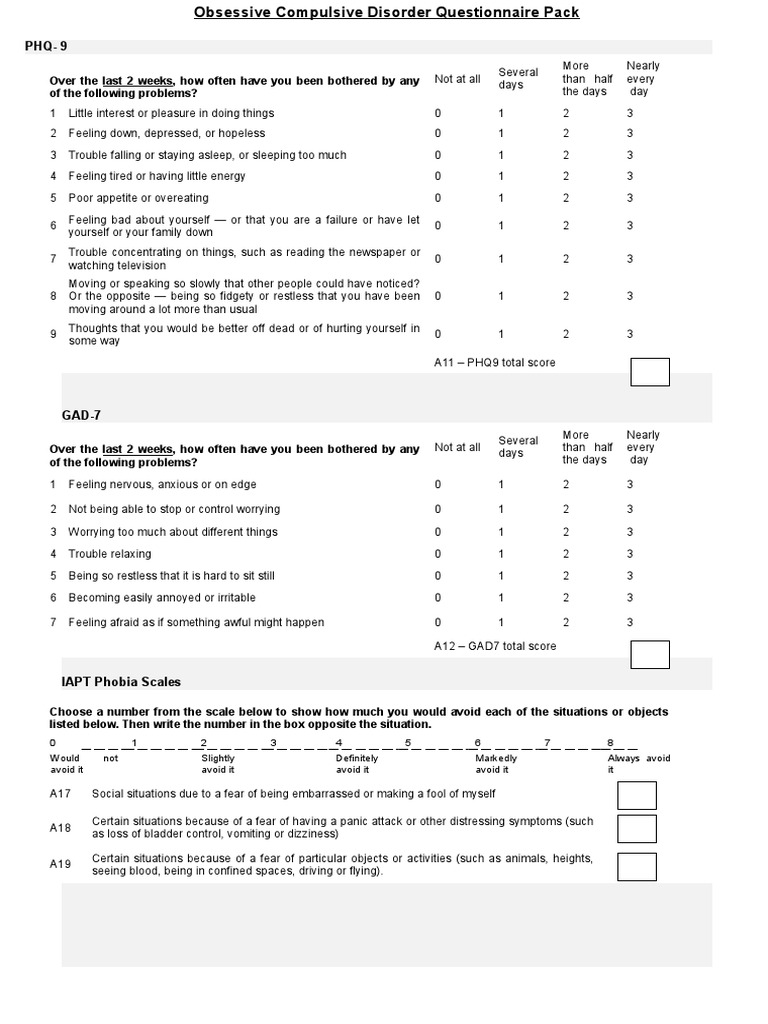 Obsessive Compulsive Disorder Questionnaire Pack Medical Diagnosis