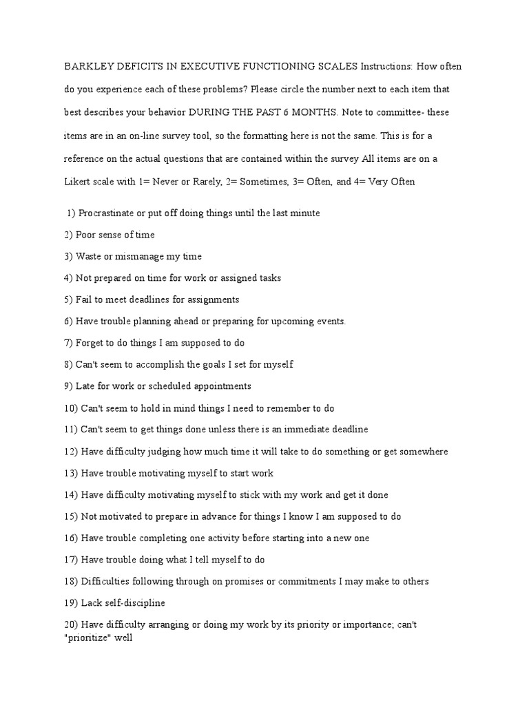 Barkley Deficits in Executive Functioning Scales PDF