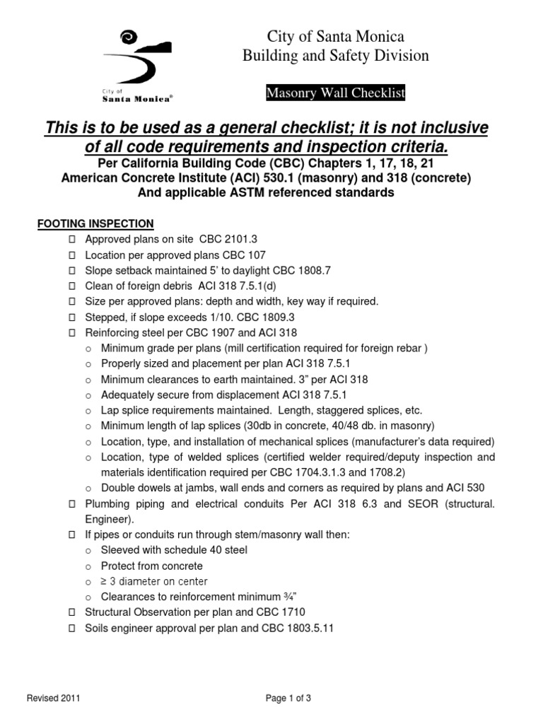 Masonry Wall Inspection Checklist | PDF | Masonry | Pipe (Fluid Conveyance)