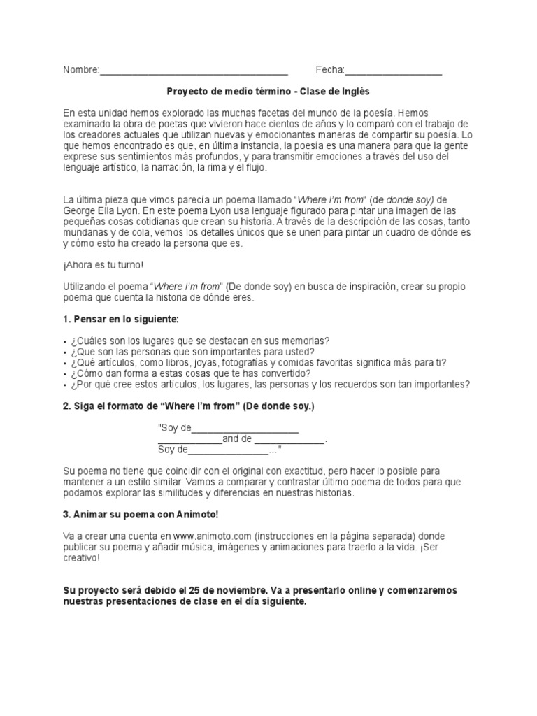 Class Project Spanish Instructions PDF Poesía Sicología