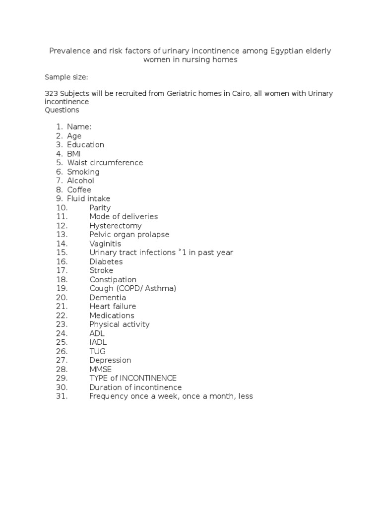 Urinary Incontinence in Elderly Egyptian Women | PDF
