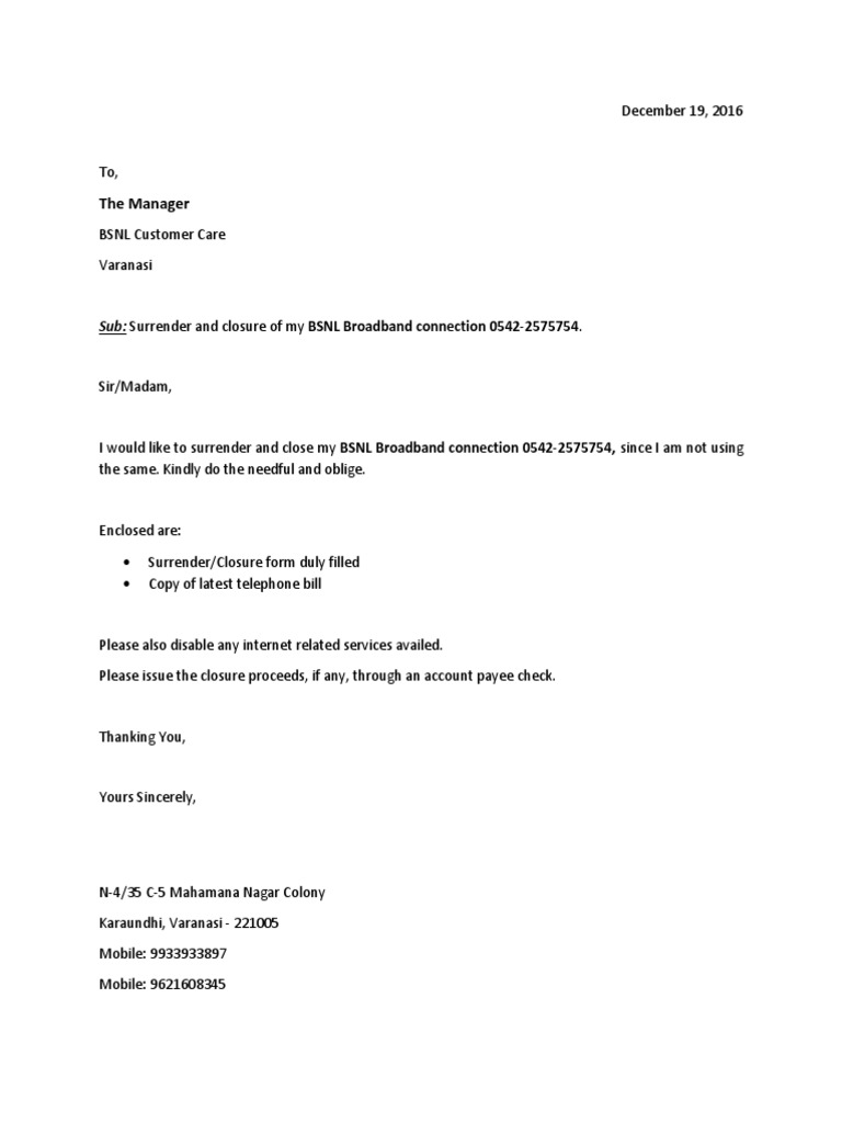 application letter for closing bsnl broadband connection