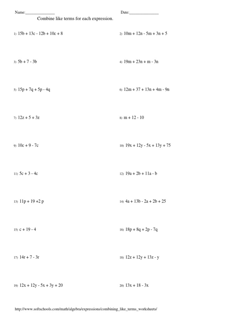 Combining Like Terms Worksheet | PDF