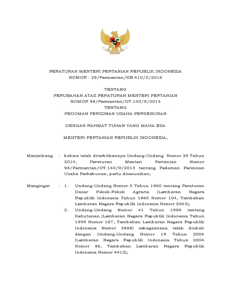 Permentan no 29 tahun 2016 perubahan permentan 98 tahun 2013 pdf