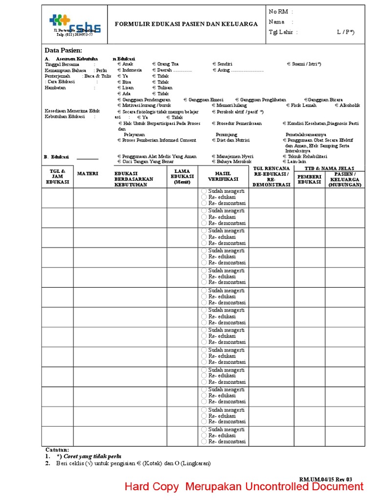 Formulir Edukasi Pasien RSHS | PDF