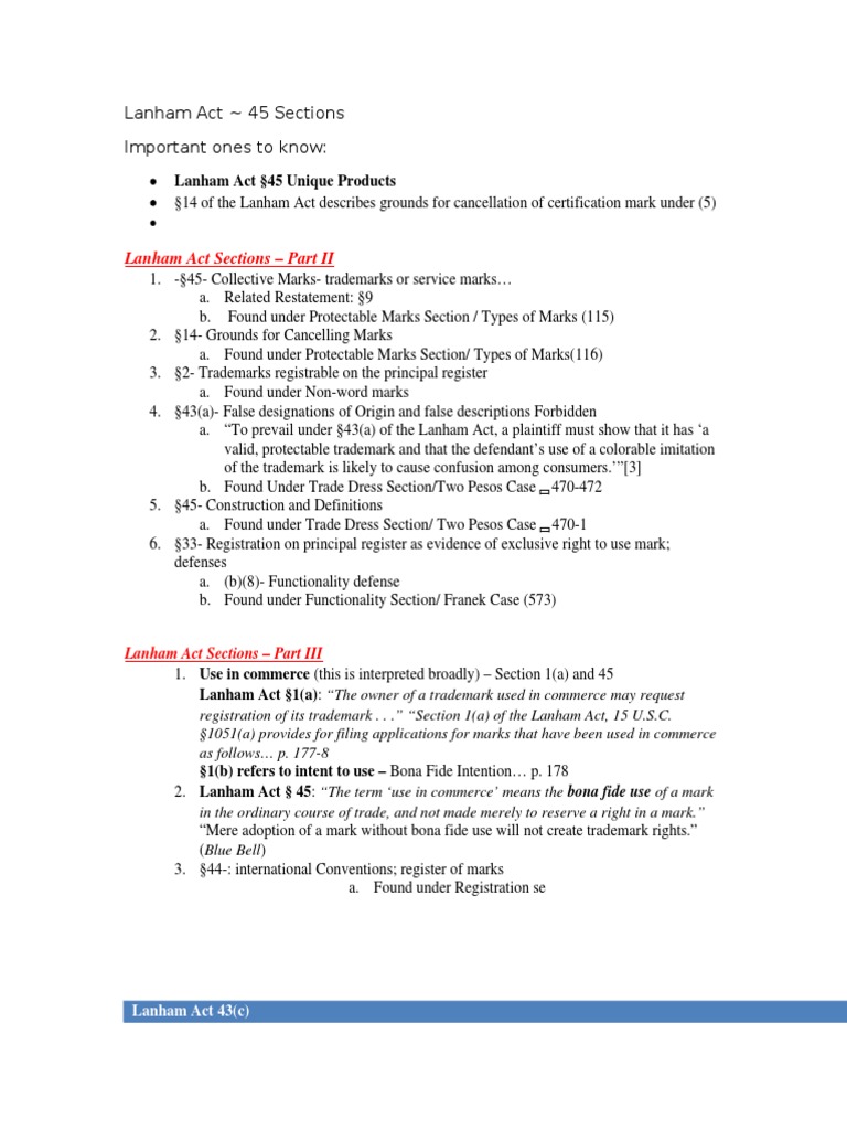 Lanham Act Important Sections PDF Lanham Act Trade Dress