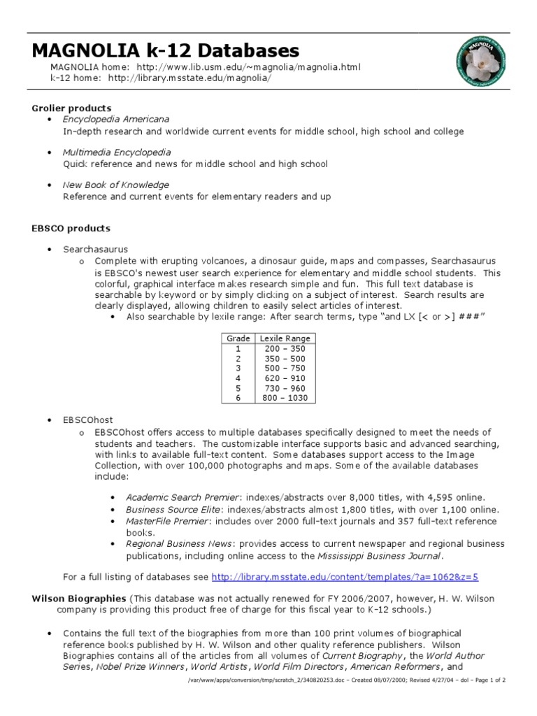 MAGNOLIA K-12 Database Guide | PDF | Databases | Information Science
