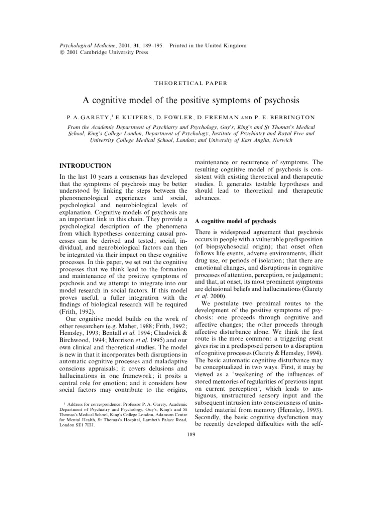 Garety 2001 Pdf Pdf Psychosis Delusion