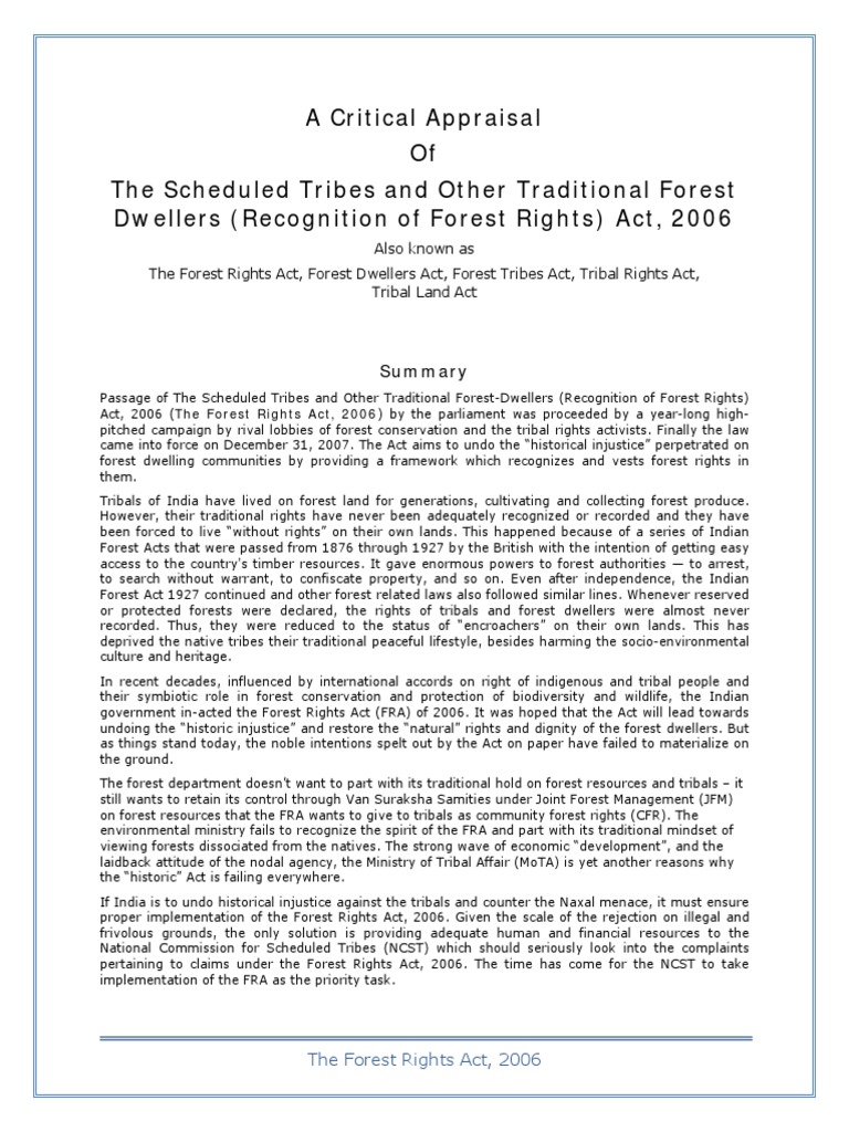 Critical Analysis of Forest Rights Act 2006 | PDF | Natural Resource ...