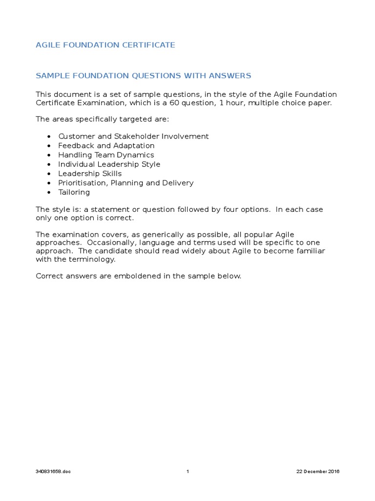 Agile Foundation Exam Sample Questions | PDF | Scrum (Software ...