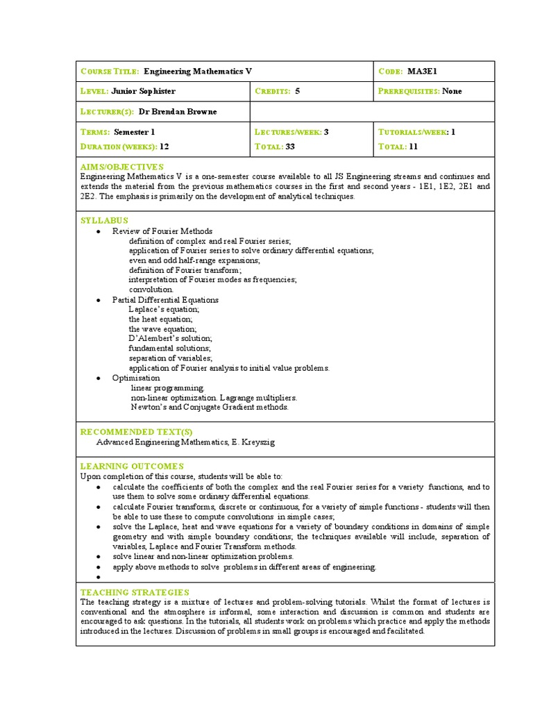Engineering Mathematics V Course Overview | PDF | Fourier Transform ...