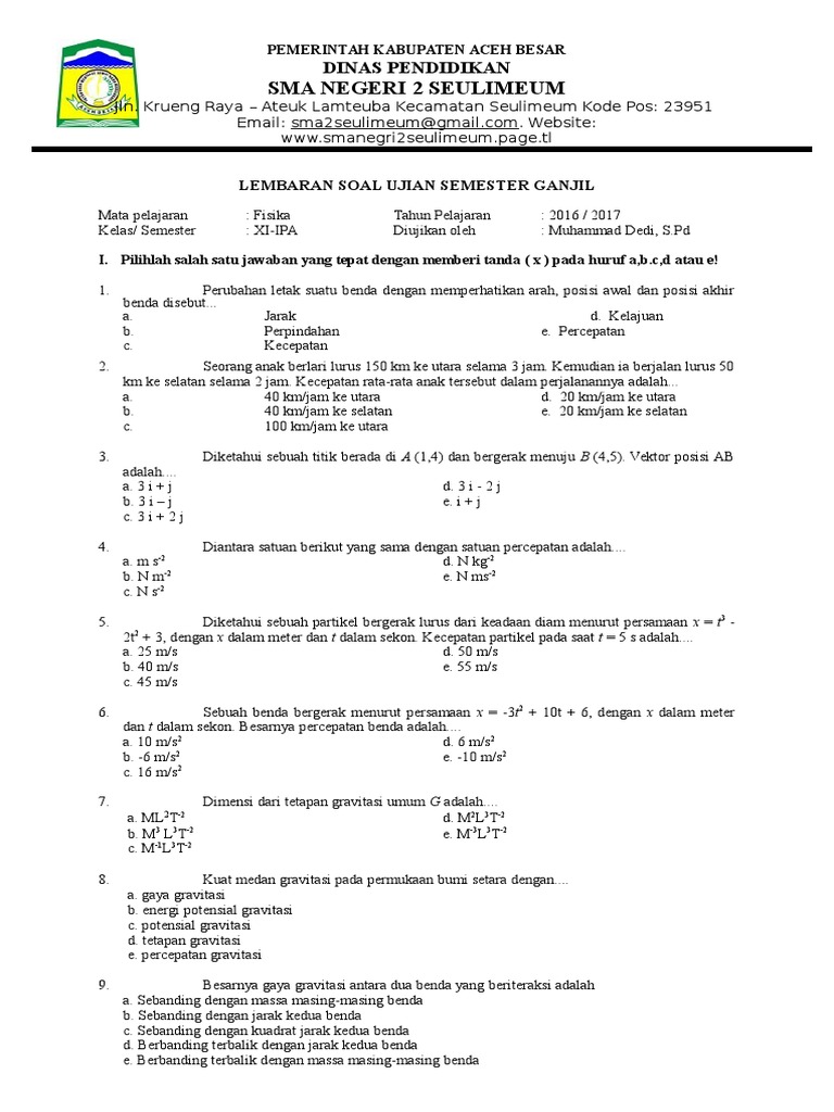 Soal Fisika Kelas XI Semester 1