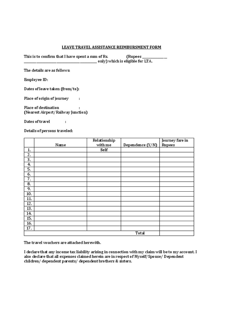 Leave Travel Assistance Reimbursement Form | PDF | Business | Finance ...