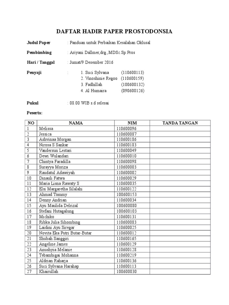 Daftar Hadir Paper Prostodonsia | PDF