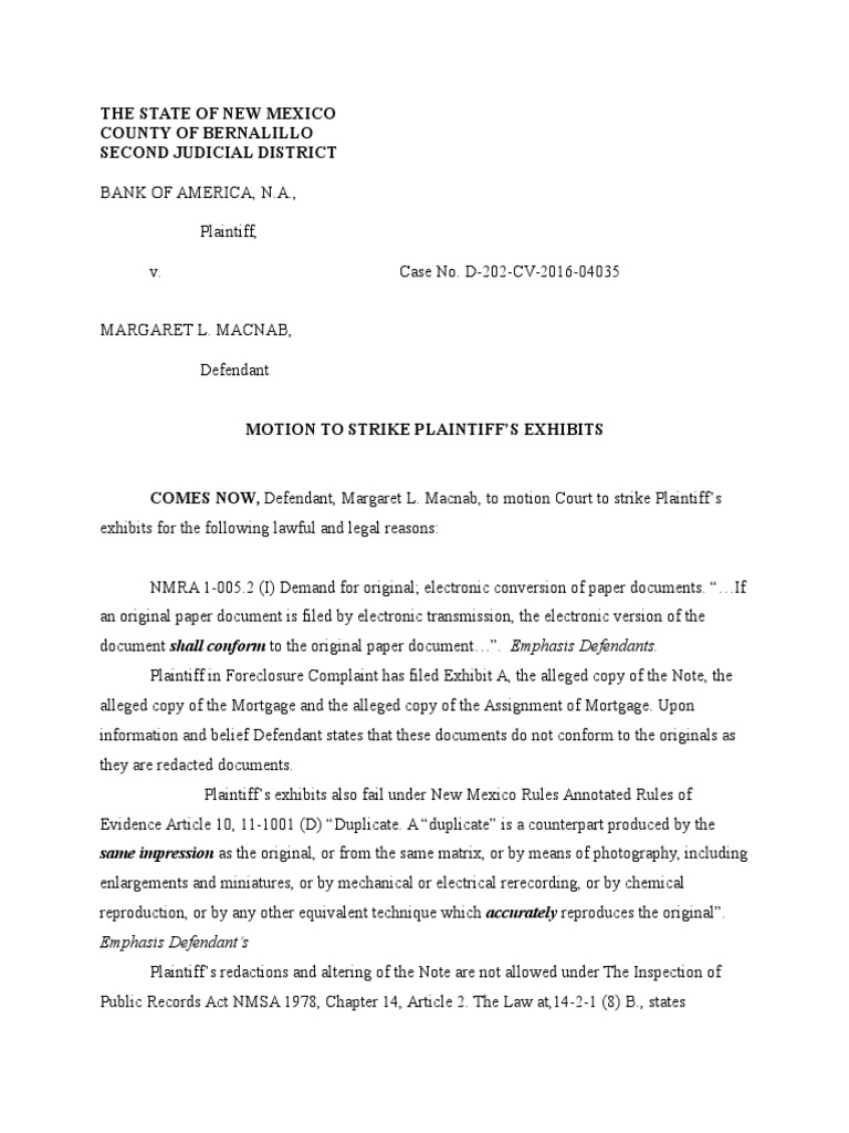 Motion To Strike Plaintiff's Exhibits PDF