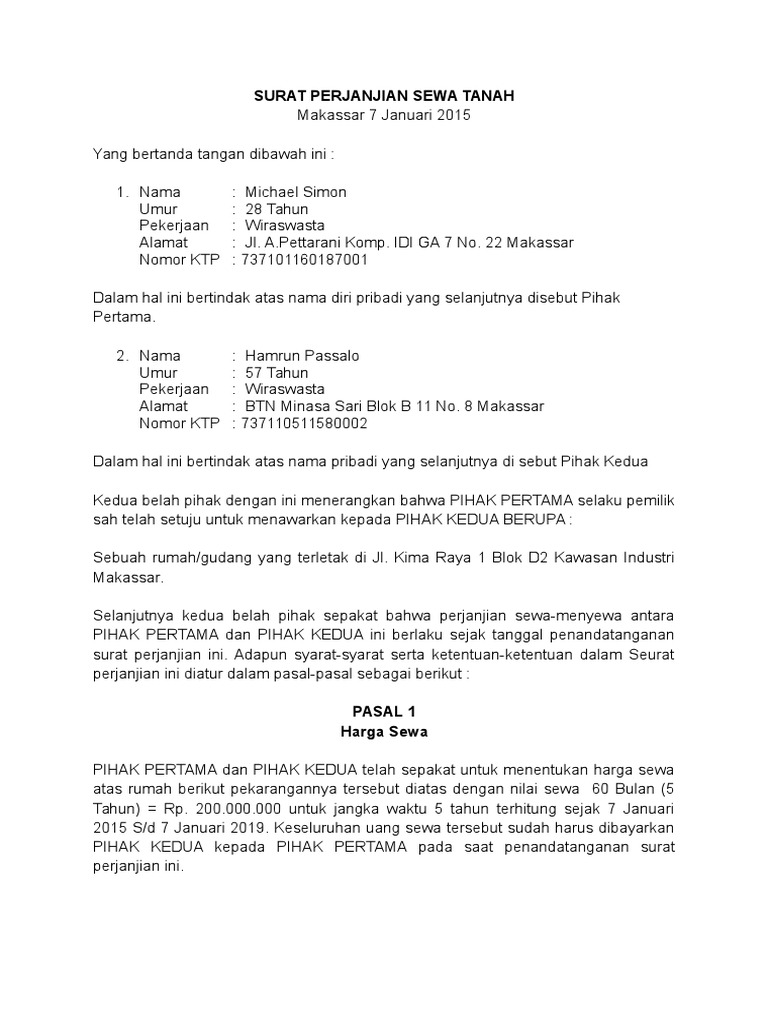 Surat Perjanjian Sewa Tanah Pdf