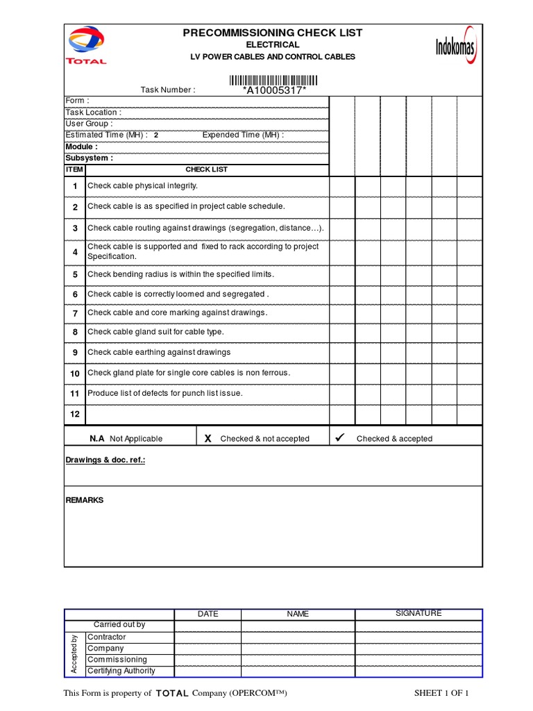 Precommissioning Check List: Electrical | PDF | Power Engineering ...