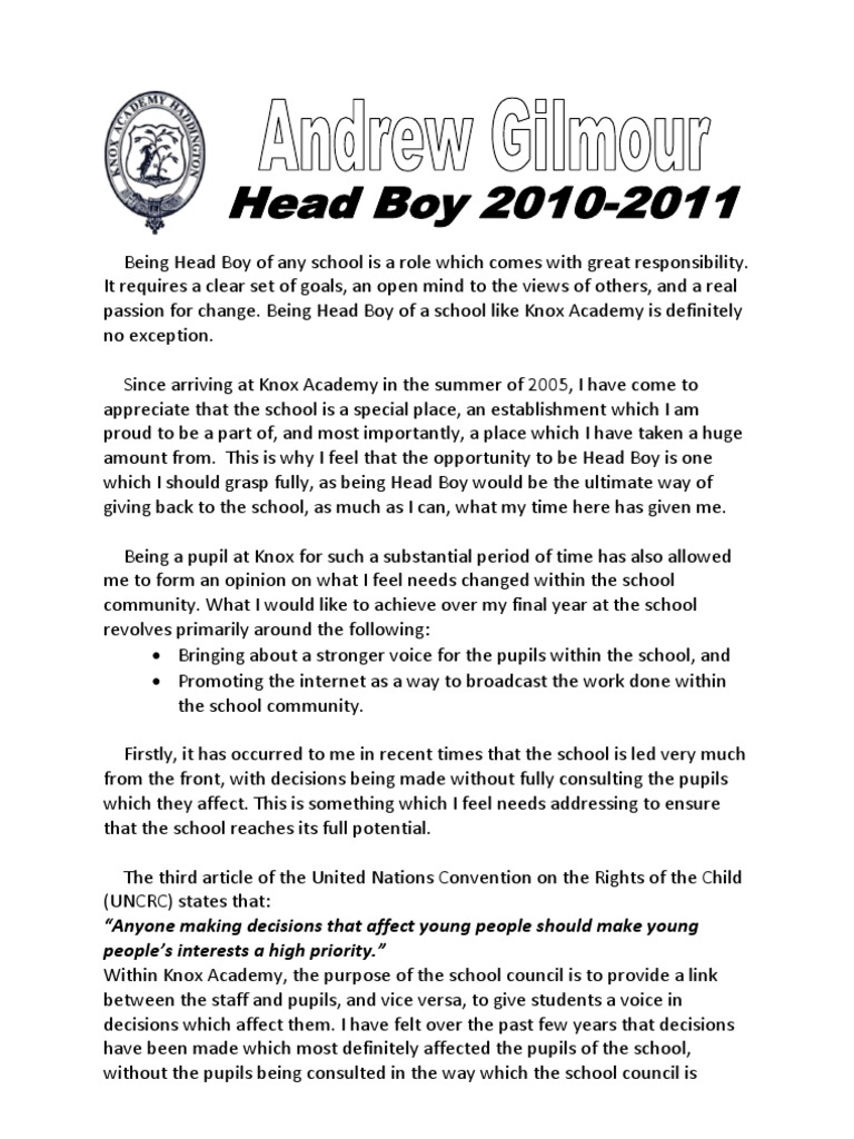 what to put in a head boy speech