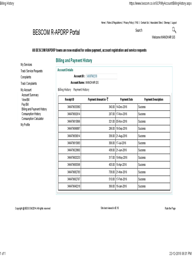 Bescom R-Apdrp Portal: Billing and Payment History | PDF | Finance ...