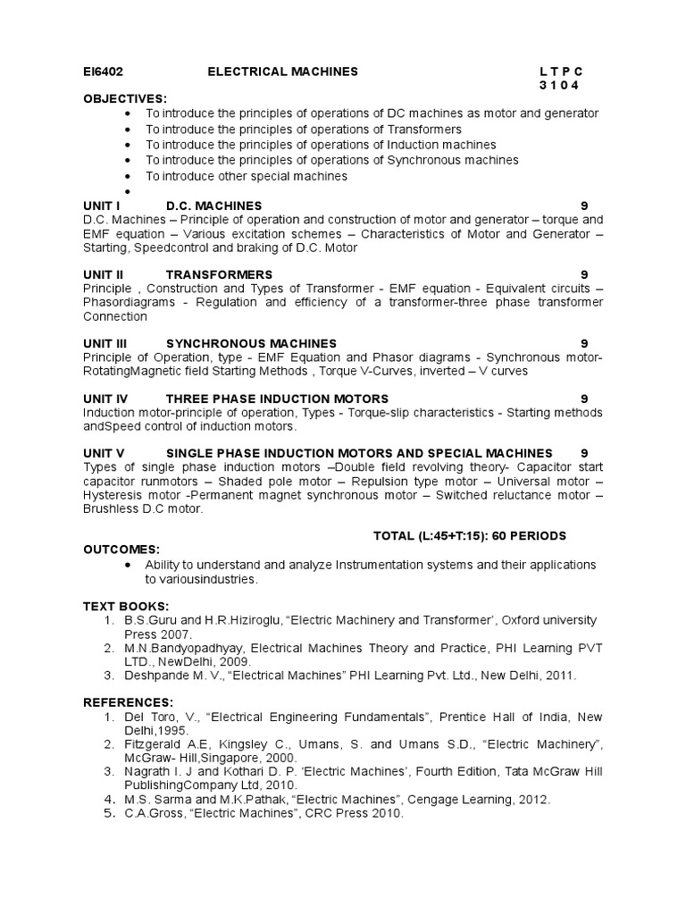 Electrical Machines Course Syllabus | PDF | Electric Motor ...