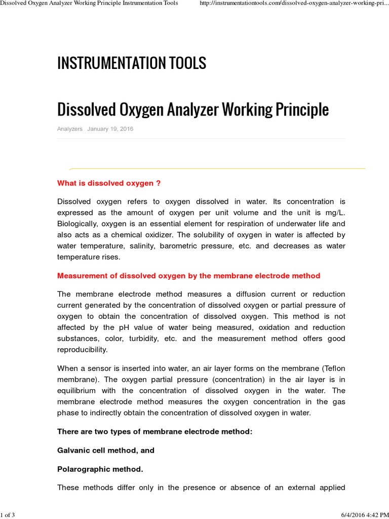 Dissolved Oxygen Analyzer Working Principle Instrumentation Tools PDF